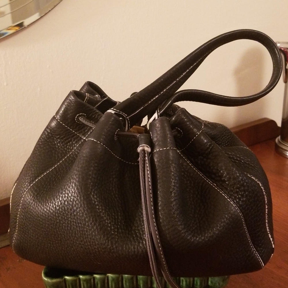 COLE HAAN Black Leather Drawstring Handbag